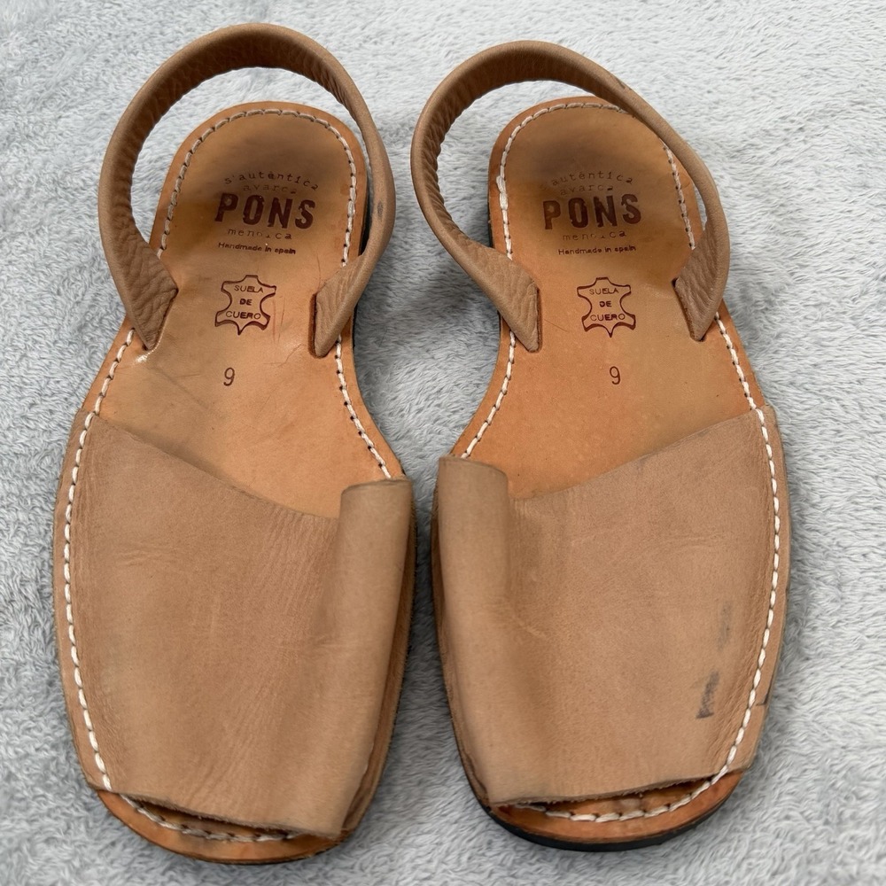 PONS Womens Avarca Menorca Tan Leather Handmade Sandals Size 9 Flats Shoes Spain